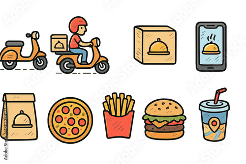 Food delivery flat icon set. Fast food, takeout, courier, mobile ordering icons.