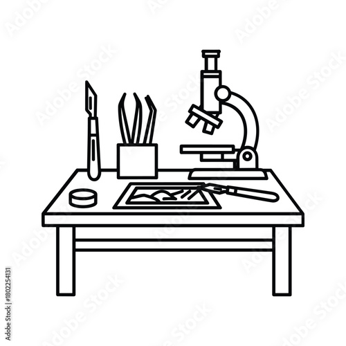 Outline illustration of a laboratory table with a microscope, scalpel, tweezers, and specimen for scientific research