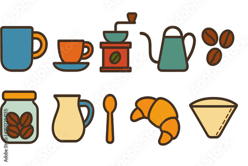 Coffee and breakfast flat icon set. Morning essentials, food, beverage vector icons.