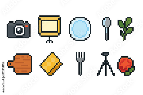 Pixel art kitchen icon set. Retro cooking, utensils pixelated icons collection.