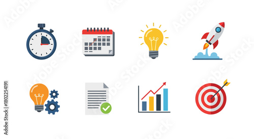 Business and innovation concepts: stopwatch, calendar, light bulb, rocket, document, growth chart, target
