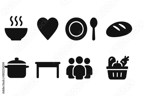 Dining, kitchen, food silhouette icon set. Cooking, meal preparation icon collection