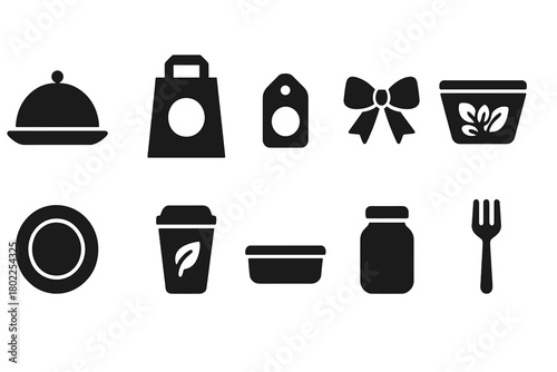 Food packaging silhouette icon set. Dining, kitchenware silhouette icons collection