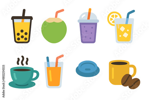 Beverage icon set in glowing style. Drinks, coffee, juice, bubble tea, colorful collection.