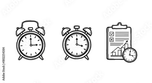 Outline icons of alarm clocks and clipboard with graph and checklist