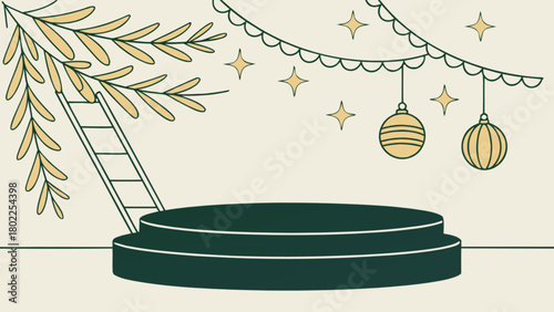 Festive scene with a two tiered platform ladder foliage ornaments and string lights creating a whimsical set