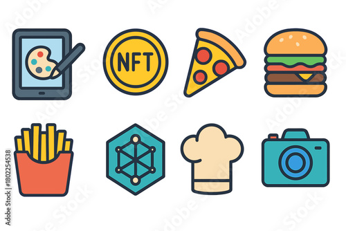 Culinary, tech outline icon set. Food, digital, camera icons collection