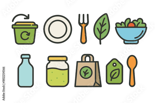 Eco-friendly, sustainable icon set. Green living, outline icons for environmental design