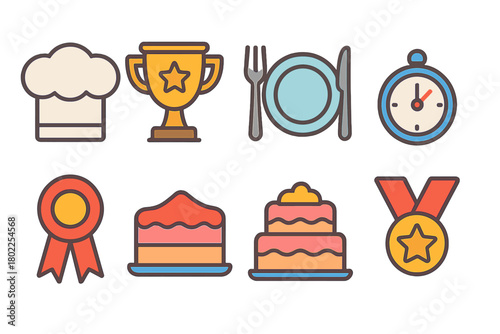 Cooking and baking flat icon set. Culinary, kitchen, meal preparation icons collection.