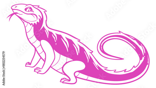 Illustration of a magenta colored iguana with its tongue out and a curled tail on a white background