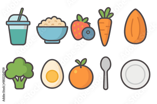 Healthy food flat icon set. Vegetables, fruits, and nutrition icons flat collection