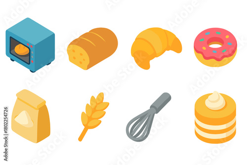Baking and cooking 3d icon set. Bread, pastry, oven icons collection for kitchen use
