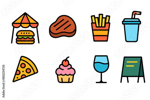 Food and drink icon set in colorful outline style for restaurants and cafes