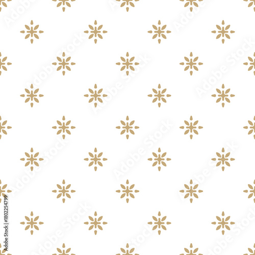 Minimalist golden vector seamless pattern with floral ethnic motif. Gold and white geometric ornament. Abstract luxury background texture with simple flower silhouettes, snowflakes. Repeating design