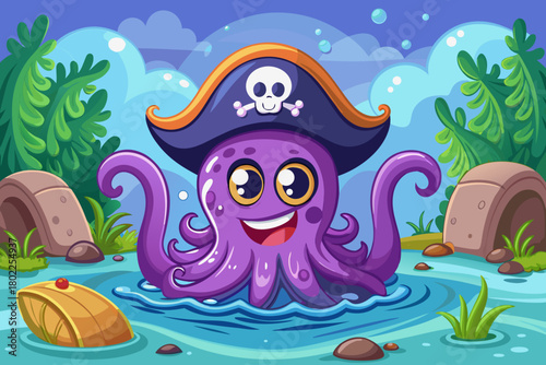 Purple octopus peeks out of water wearing tiny pirate hat vector cartoon, winking with one tentacle raised like a hand