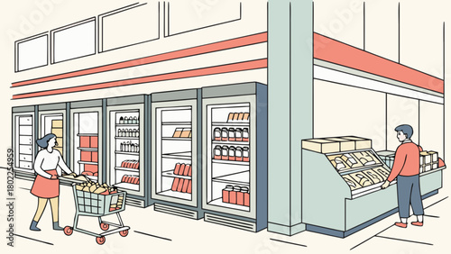 Woman pushing shopping cart and man browsing at a display in a supermarket interior illustration