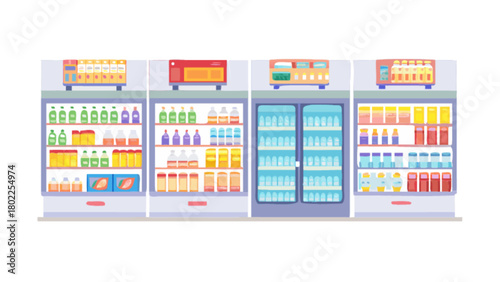 Illustration of four supermarket refrigerators filled with various food and beverage products on display