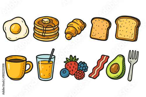 Breakfast food icon set. Hand-drawn breakfast icons collection in flat style.