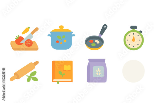 Cooking and kitchen flat icon set for recipes, utensils, and food preparation