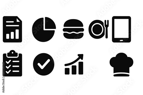 Business and restaurant silhouette icon set. Charts, food, tablet, chef silhouettes.