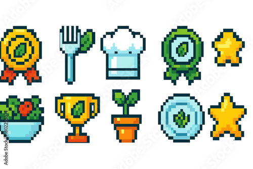 Food and cooking pixel icon set. Culinary, gardening, chef tools pixel collection