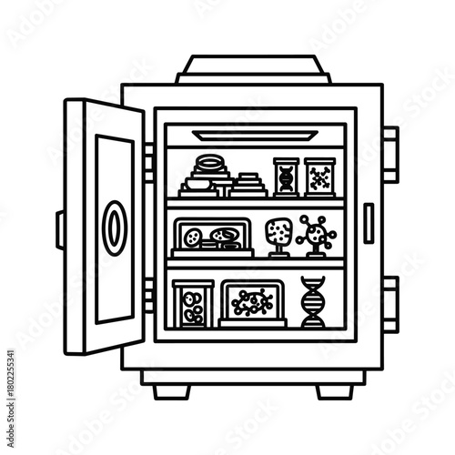 Scientific laboratory refrigerator showcasing various biological and chemical samples, research equipment and dna elements