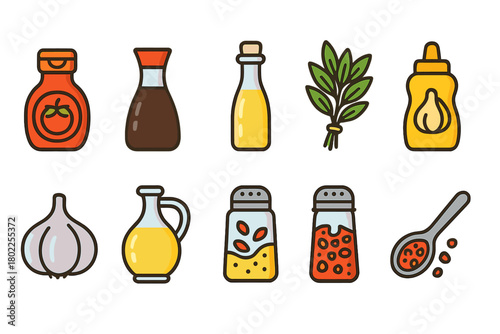 Cooking and kitchen flat icon set. Spice, herb, oil icons flat collection
