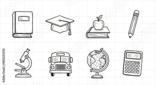 Hand drawn educational icons set featuring books, graduation cap, apple, pencil, microscope, bus, globe, and calculator