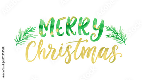 Watercolor merry christmas text with green pine branches on the sides for christmas holiday season card