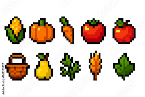 Harvest pixel icon set. Fall, vegetables, fruits pixelated outline icon collection