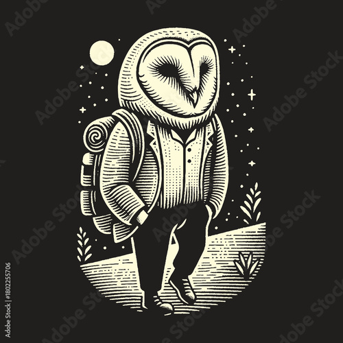 Owl Traveler: A Detailed Illustration of a Backpacking Owl.