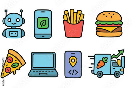 Food and technology filled icon set. Fast food, robots, and delivery symbols collection.