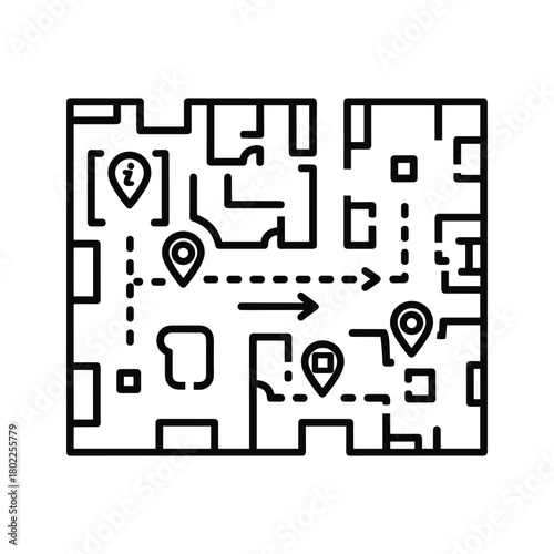 Indoor navigation map with location pins and a clear path showing directions within a complex building structure.