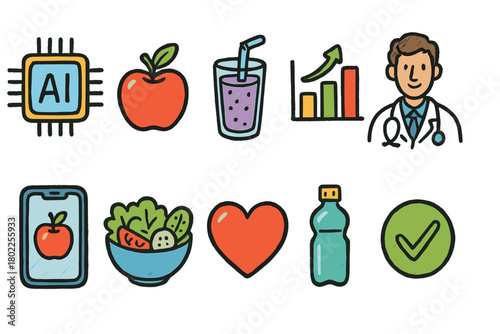 Nutrition and health icon set. Colorful food and healthcare icons outline collection