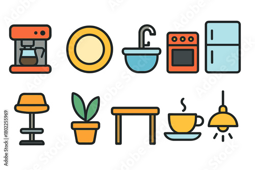 Home and kitchen line icon set. Interior, furniture, appliance outline icons collection