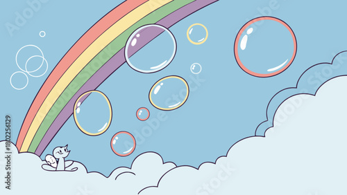 Cartoon illustration of a rainbow, bubbles, clouds, and a small creature in a blue sky backdrop
