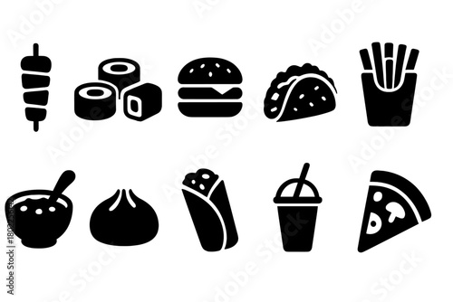 Street food silhouette icon set. Fast food, snacks, drinks, icons collection