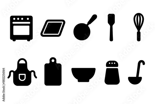 Kitchen silhouette icon set. Cooking, utensils, and kitchenware silhouettes.