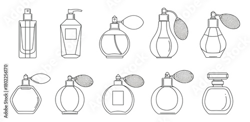 Collection of Elegant Perfume Bottles, Various Shapes with Atomizers, Line Art