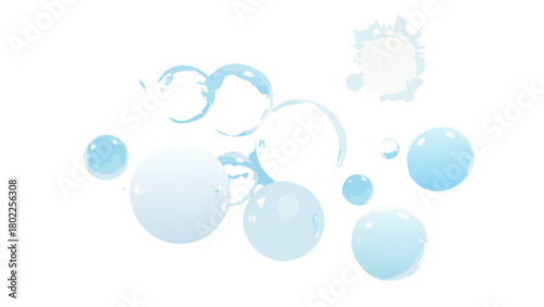 A collection of translucent light blue spheres and partial circles floating on a white background view