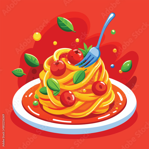 Delicious spaghetti with tomato sauce and basil leaves on a white plate