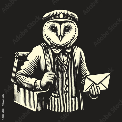 Owl Postman Delivering Mail in Vintage Illustration.