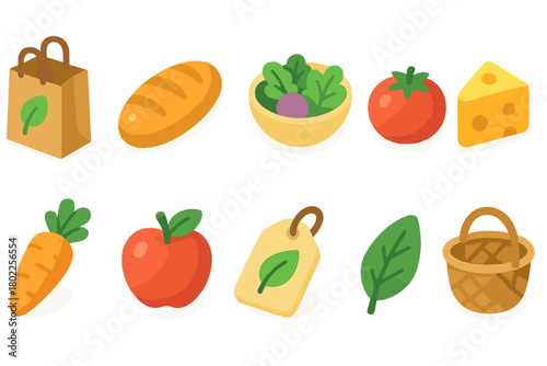 Healthy food, vegan 3d icon set. Fruits, vegetables, organic meals icons collection