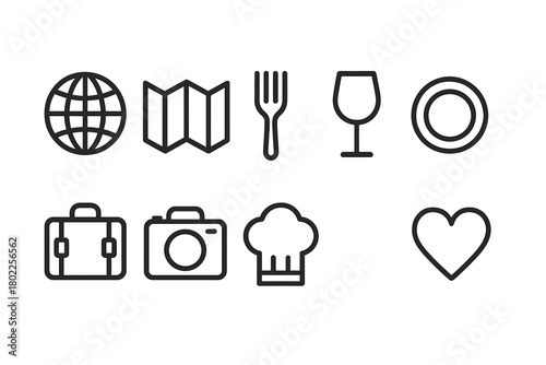 Travel and dining outline icon set. Vacation, food, and adventure outline symbols