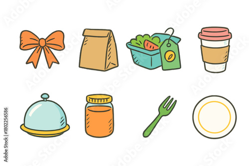 Packed lunch, food flat icon set. Meal, packaging, beverage, outline icons collection