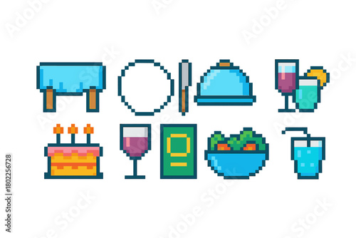 Restaurant, dining pixel icon set. Food, beverage pixelated icons collection