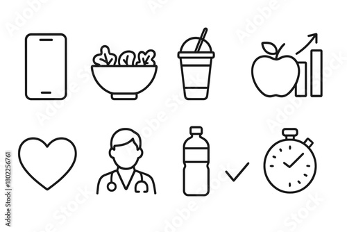 Health and wellness line icon set. Nutrition, fitness, medical line style icons collection