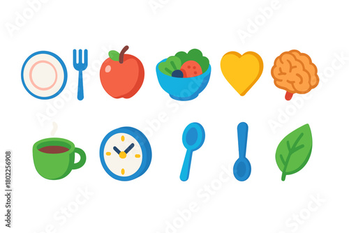 Healthy food, nutrition flat icon set with fruits and vegetables for wellness.