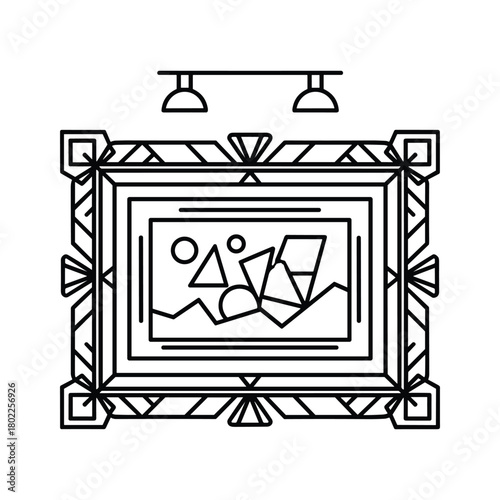 Abstract geometric art framed on a wall with spotlight illumination, elegant gallery exhibition line art design