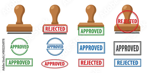 Collection of Stamps with Wooden Handle and Approval and Rejection Text Design